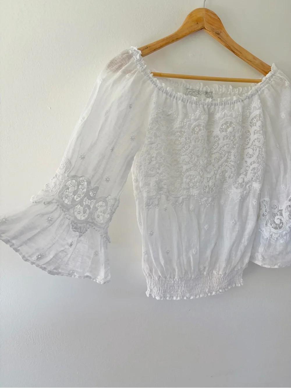 Temptations‎ Positano White Linen Off The Shoulder Crochet Lace Boho Peasant Top